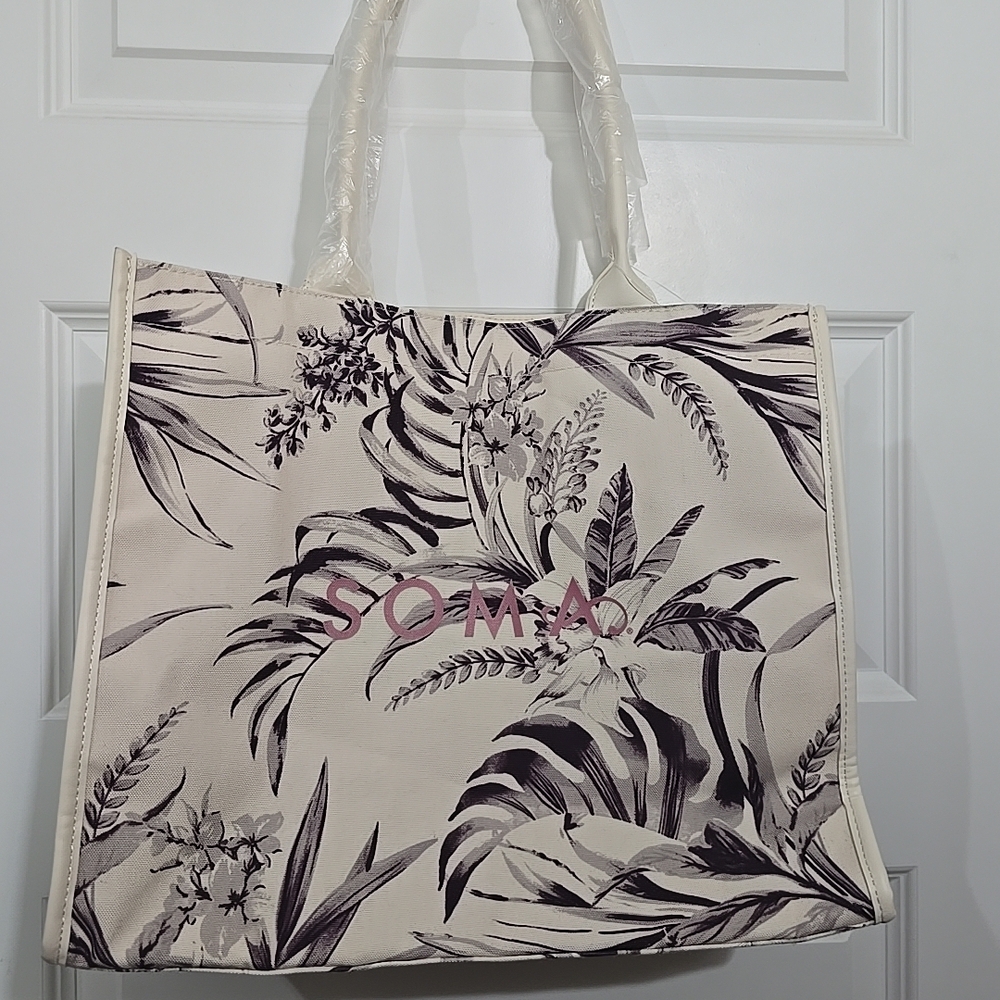 Soma Cream Tote with Black Botanical‎ Print and Pink Logo